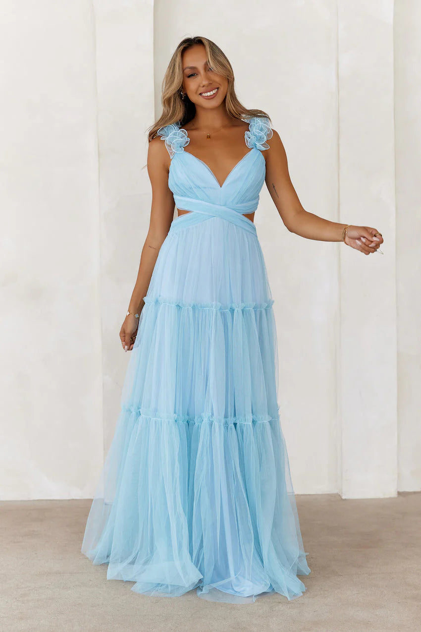 Elegant Spaghetti Strap V Neckline 3D Ruffle Flower Detail Cutout Waist Open Back Tie Tiered Ruffle Tulle A Line Maxi Evening Dress For Formal Evening Prom Wedding Guest Bridesmaid Beach Wedding Gala