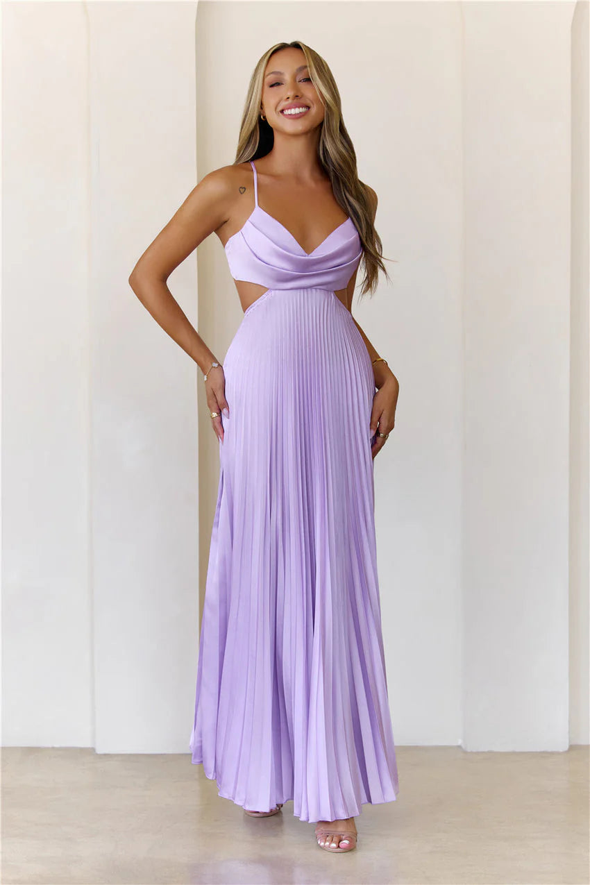 Elegant Spaghetti Strap V Neckline Cowl Front Cutout Waist Open Back Tie Detail Pleated Satin Maxi Evening Dress For Formal Evening Prom Wedding Guest Bridesmaid Beach Wedding Cocktail Party