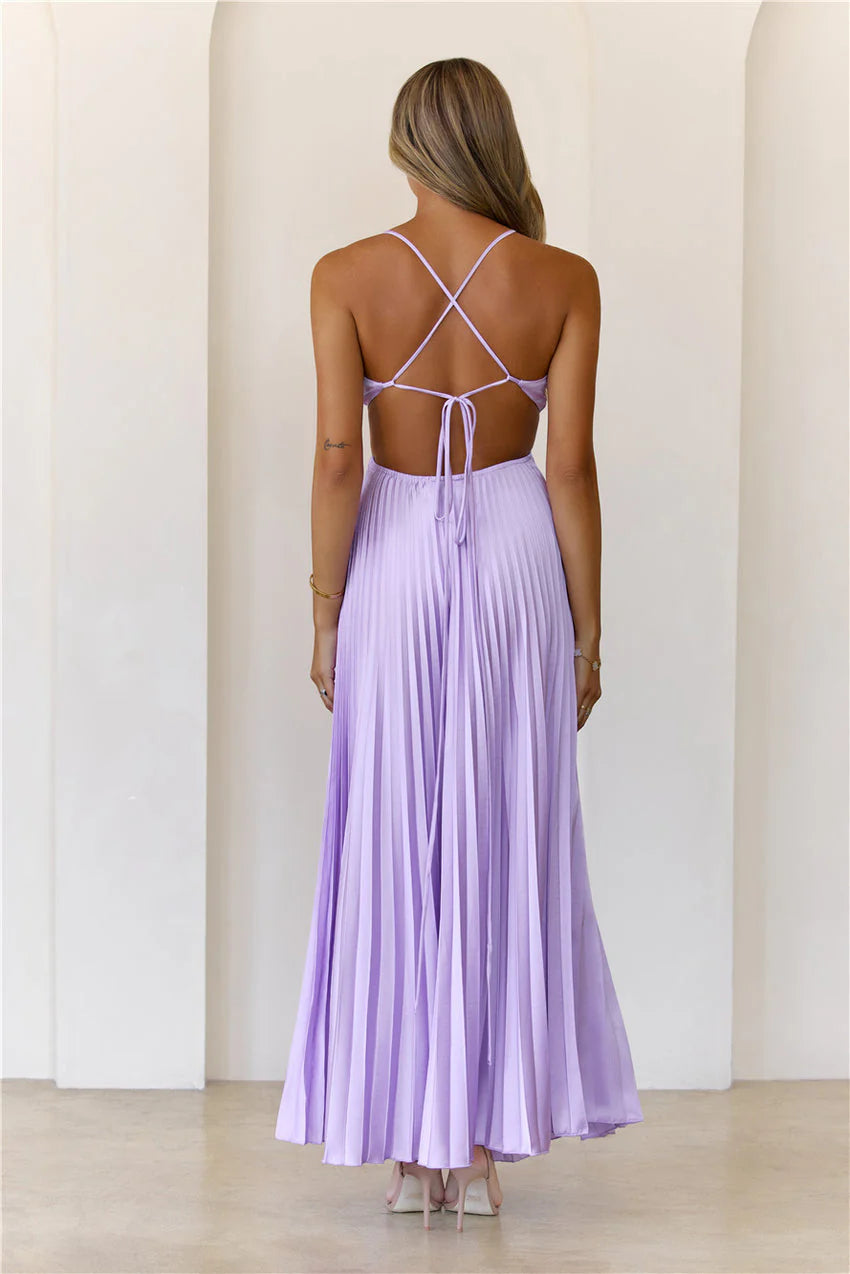 Elegant Spaghetti Strap V Neckline Cowl Front Cutout Waist Open Back Tie Detail Pleated Satin Maxi Evening Dress For Formal Evening Prom Wedding Guest Bridesmaid Beach Wedding Cocktail Party