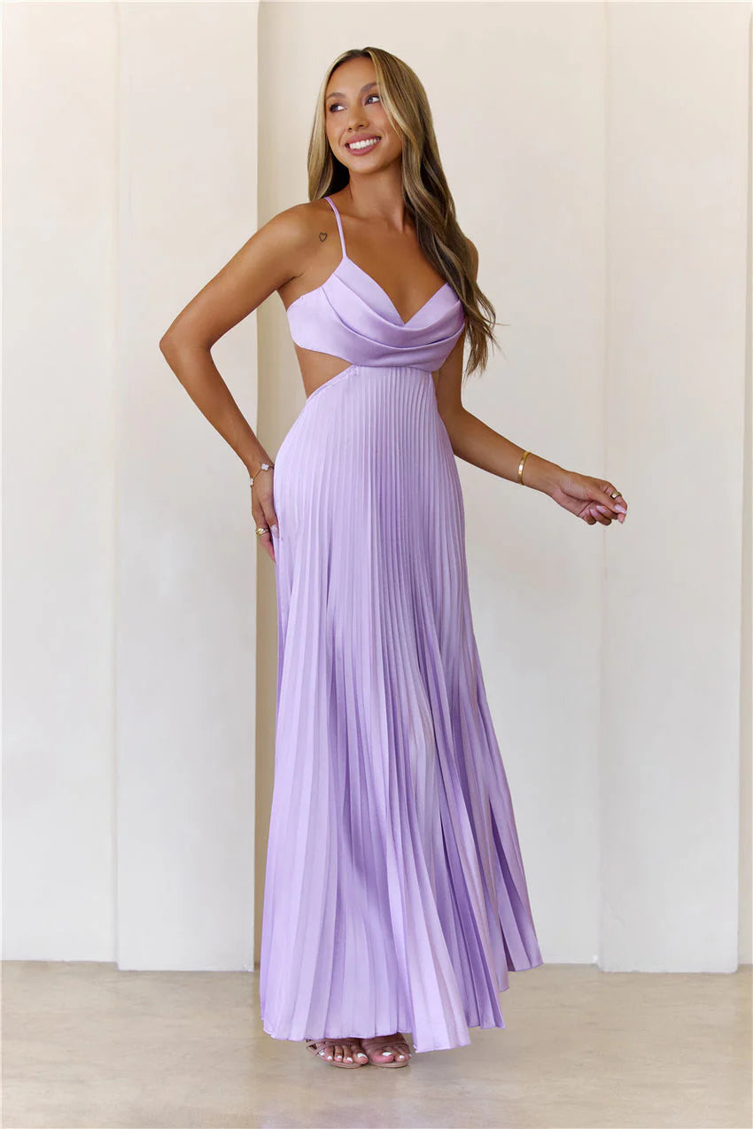 Elegant Spaghetti Strap V Neckline Cowl Front Cutout Waist Open Back Tie Detail Pleated Satin Maxi Evening Dress For Formal Evening Prom Wedding Guest Bridesmaid Beach Wedding Cocktail Party