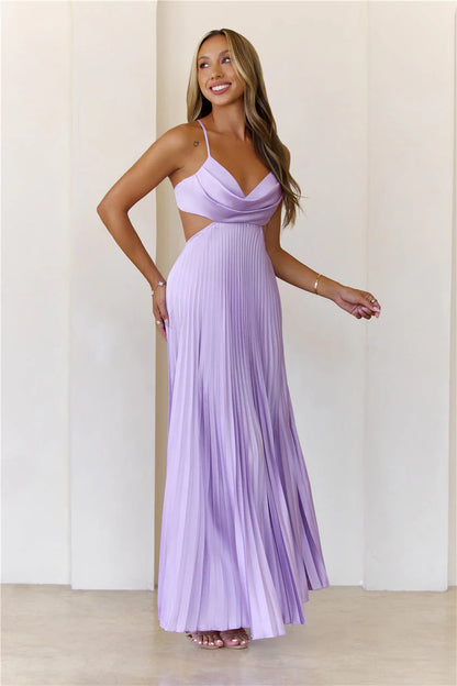 Elegant Spaghetti Strap V Neckline Cowl Front Cutout Waist Open Back Tie Detail Pleated Satin Maxi Evening Dress For Formal Evening Prom Wedding Guest Bridesmaid Beach Wedding Cocktail Party