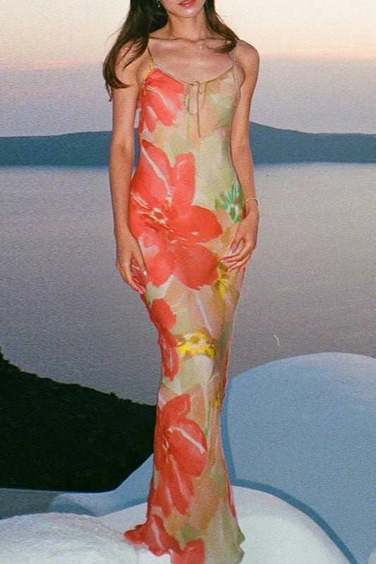 Elegant Spaghetti Strap Watercolor Floral Print Bodycon Maxi Prom Dress For Wedding Guest Bridal Shower Formal Evening