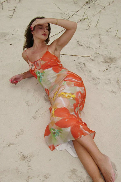 Elegant Spaghetti Strap Watercolor Floral Print Bodycon Maxi Prom Dress For Wedding Guest Bridal Shower Formal Evening