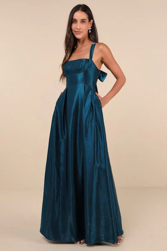 Elegant Square Neck Adjustable Spaghetti Strap Open Back Bow Detail Pockets Satin A Line Maxi Prom Dress For Formal Evening Gala Wedding Guest Bridesmaid