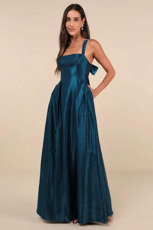 Elegant Square Neck Adjustable Spaghetti Strap Open Back Bow Detail Pockets Satin A Line Maxi Prom Dress For Formal Evening Gala Wedding Guest Bridesmaid