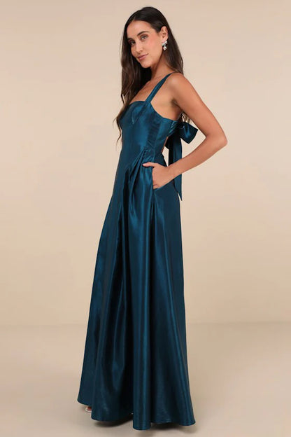 Elegant Square Neck Adjustable Spaghetti Strap Open Back Bow Detail Pockets Satin A Line Maxi Prom Dress For Formal Evening Gala Wedding Guest Bridesmaid
