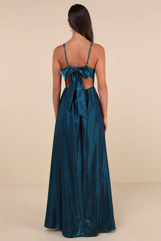 Elegant Square Neck Adjustable Spaghetti Strap Open Back Bow Detail Pockets Satin A Line Maxi Prom Dress For Formal Evening Gala Wedding Guest Bridesmaid