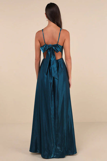 Elegant Square Neck Adjustable Spaghetti Strap Open Back Bow Detail Pockets Satin A Line Maxi Prom Dress For Formal Evening Gala Wedding Guest Bridesmaid