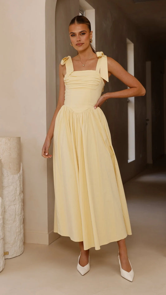 Elegant Square Neck Bow Tie Strap Smocked Back Linen Blend Maxi Prom Dress For Formal Evening Wedding Guest Bridesmaid Cocktail Party