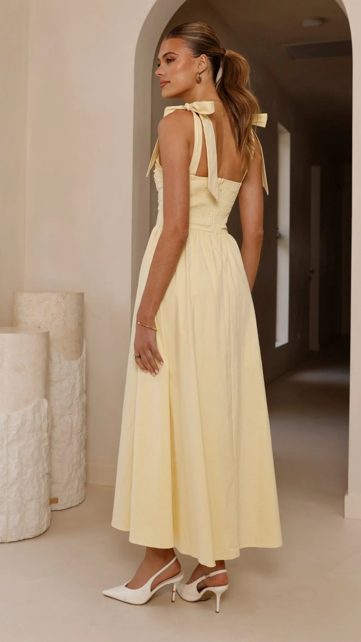Elegant Square Neck Bow Tie Strap Smocked Back Linen Blend Maxi Prom Dress For Formal Evening Wedding Guest Bridesmaid Cocktail Party