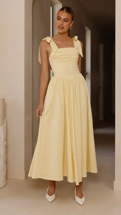 Elegant Square Neck Bow Tie Strap Smocked Back Linen Blend Maxi Prom Dress For Formal Evening Wedding Guest Bridesmaid Cocktail Party