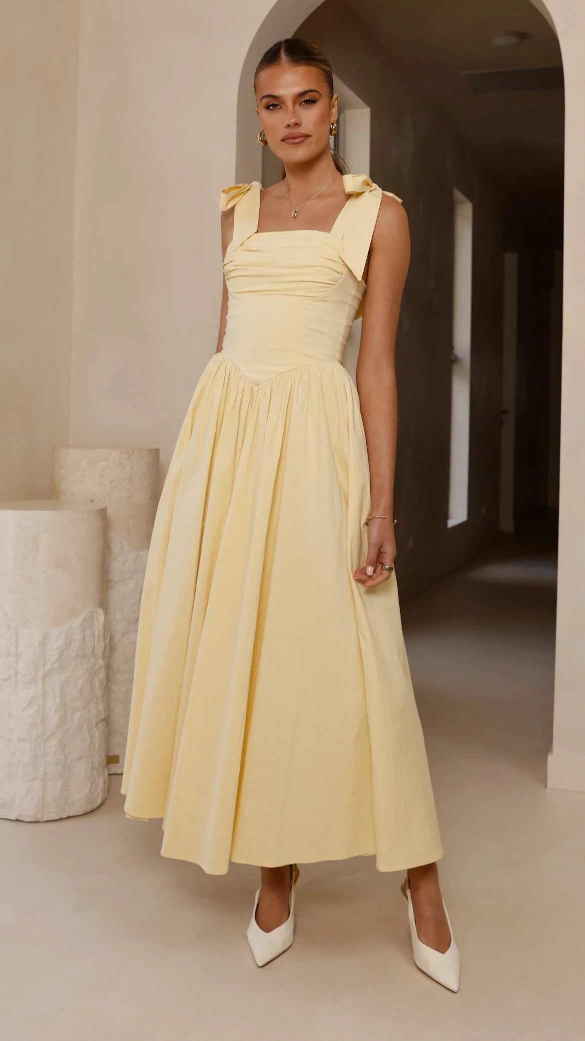 Elegant Square Neck Bow Tie Strap Smocked Back Linen Blend Maxi Prom Dress For Formal Evening Wedding Guest Bridesmaid Cocktail Party