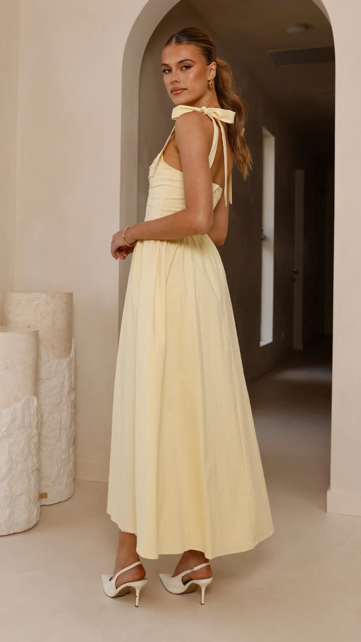 Elegant Square Neck Bow Tie Strap Smocked Back Linen Blend Maxi Prom Dress For Formal Evening Wedding Guest Bridesmaid Cocktail Party