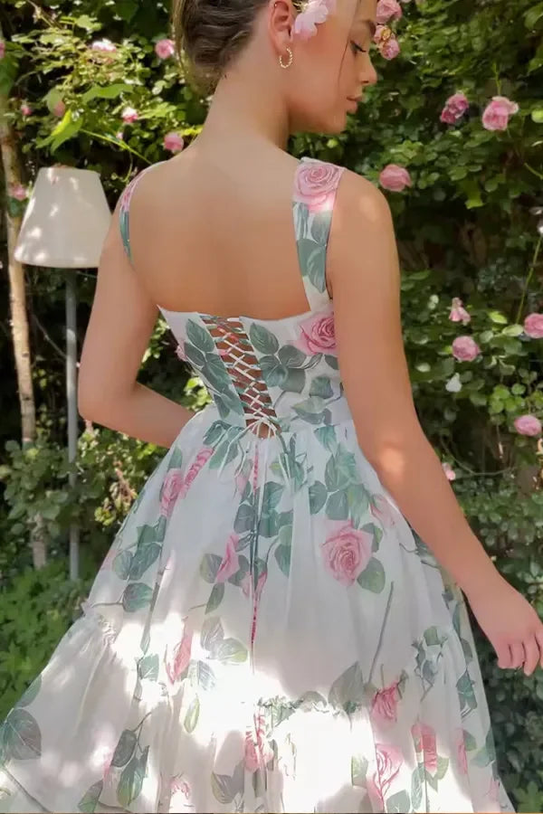 Elegant Square Neck Floral Print Tiered Ruffle Lace Up Back Chiffon Maxi Prom Dress For Formal Evening Gala Wedding Guest Bridesmaid