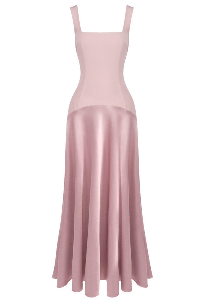 Elegant Square Neck Open Back Sleeveless Two Tone Satin A Line Maxi Prom Dress