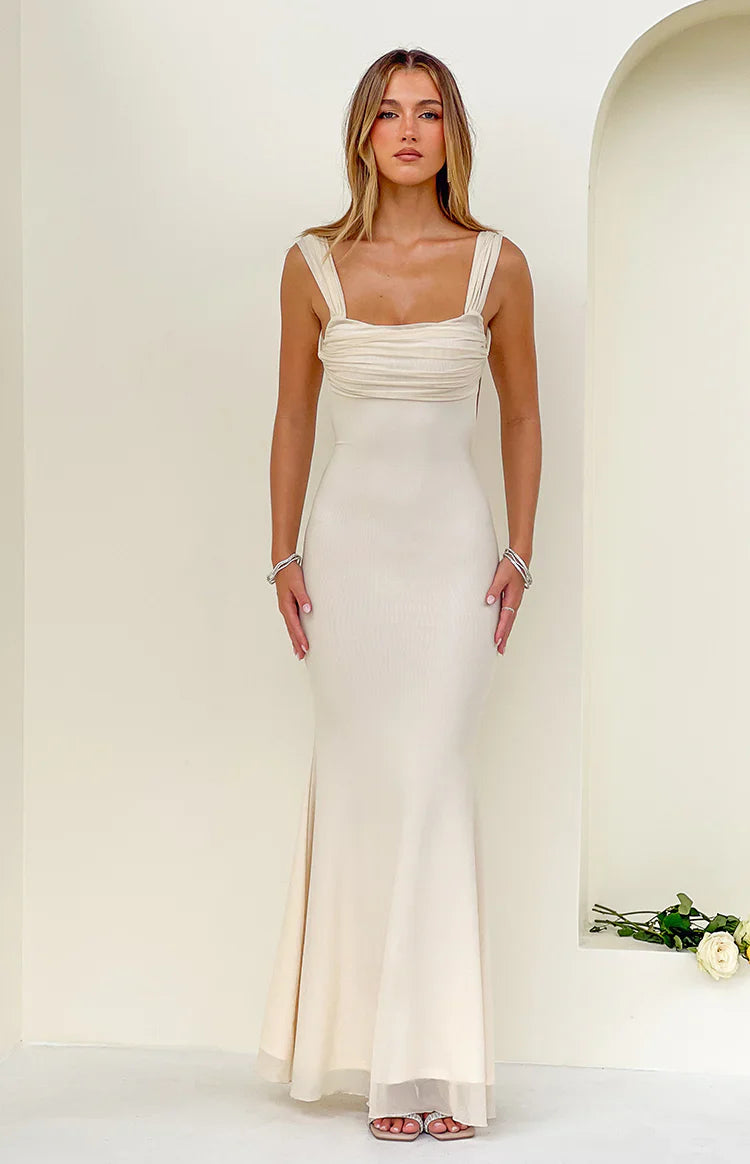 Elegant Square Neck Open Back Tie Detail Ruched Bust Mermaid Maxi Prom Dress