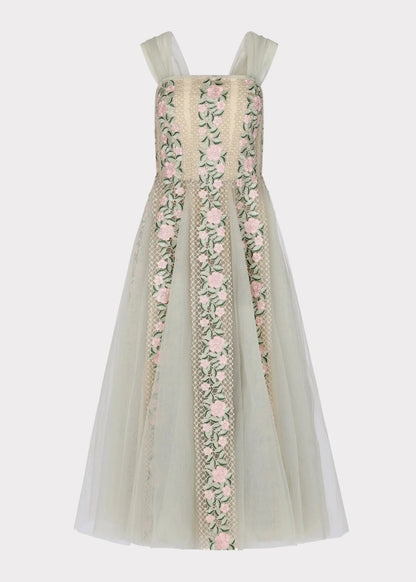 Elegant Square Neck Puff Sleeve Bow Detail 3D Floral Embroidery Tulle A Line Midi Evening Dress For Formal Evening Prom Wedding Guest Bridesmaid Cocktail Party Gala