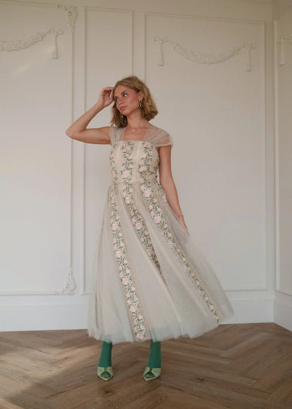 Elegant Square Neck Puff Sleeve Bow Detail 3D Floral Embroidery Tulle A Line Midi Evening Dress For Formal Evening Prom Wedding Guest Bridesmaid Cocktail Party Gala