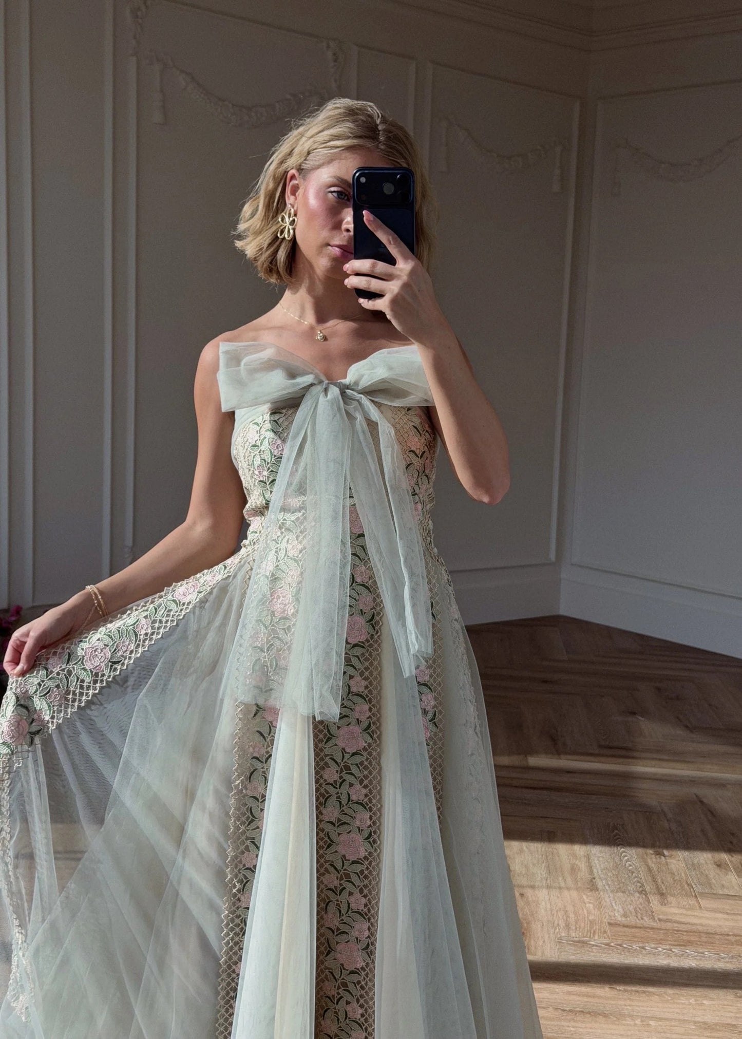 Elegant Square Neck Puff Sleeve Bow Detail 3D Floral Embroidery Tulle A Line Midi Evening Dress For Formal Evening Prom Wedding Guest Bridesmaid Cocktail Party Gala