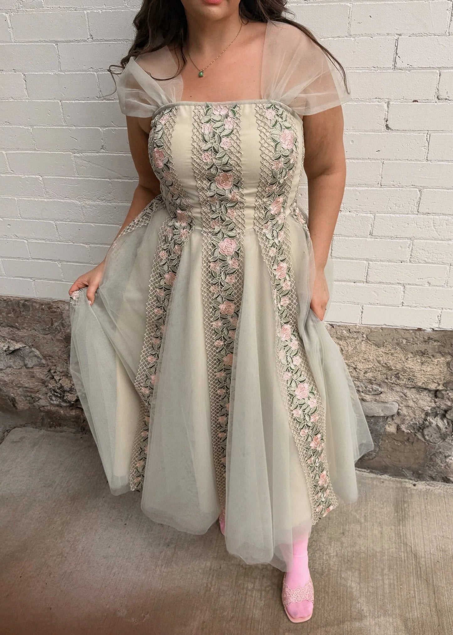 Elegant Square Neck Puff Sleeve Bow Detail 3D Floral Embroidery Tulle A Line Midi Evening Dress For Formal Evening Prom Wedding Guest Bridesmaid Cocktail Party Gala