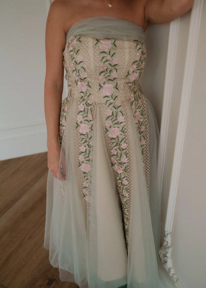Elegant Square Neck Puff Sleeve Bow Detail 3D Floral Embroidery Tulle A Line Midi Evening Dress For Formal Evening Prom Wedding Guest Bridesmaid Cocktail Party Gala