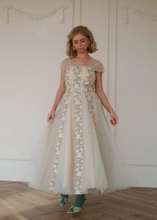 Elegant Square Neck Puff Sleeve Bow Detail 3D Floral Embroidery Tulle A Line Midi Evening Dress For Formal Evening Prom Wedding Guest Bridesmaid Cocktail Party Gala