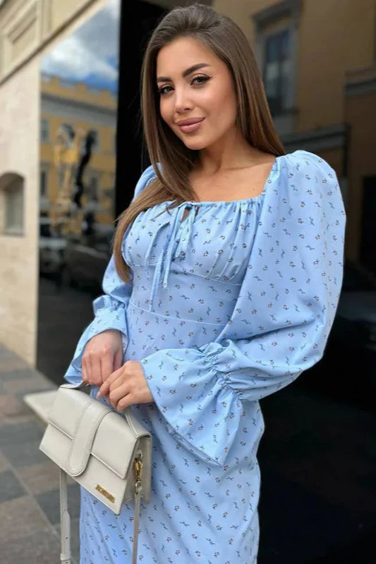Elegant Square Neck Puff Sleeve Ditsy Floral Midi Prom Dress For Wedding Guest Bridal Shower Formal Evening