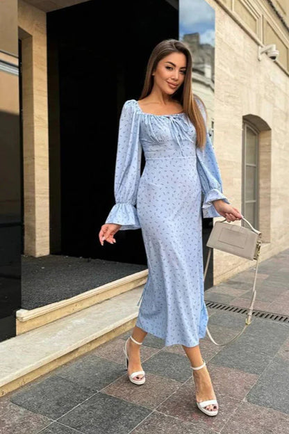 Elegant Square Neck Puff Sleeve Ditsy Floral Midi Prom Dress For Wedding Guest Bridal Shower Formal Evening