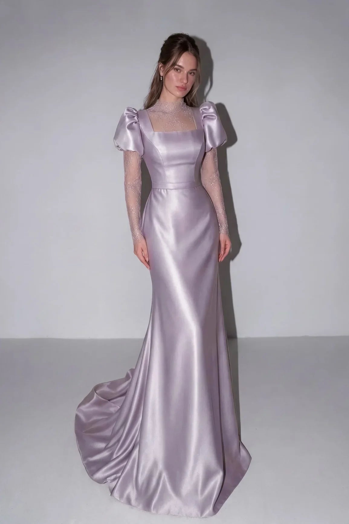 Elegant Square Neck Puff Sleeve Lace Insert Satin Mermaid Maxi Prom Dress with Trailing Train