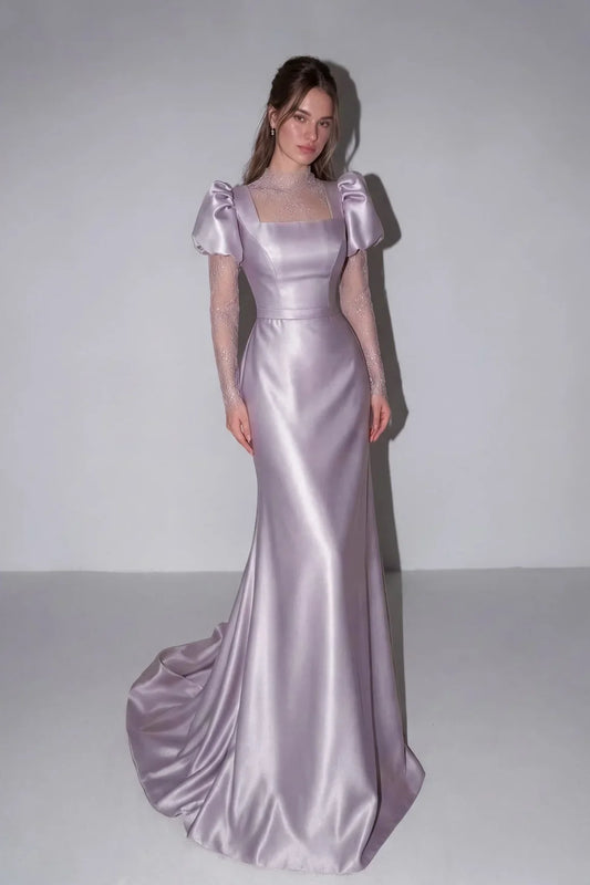 Elegant Square Neck Puff Sleeve Lace Insert Satin Mermaid Maxi Prom Dress with Trailing Train