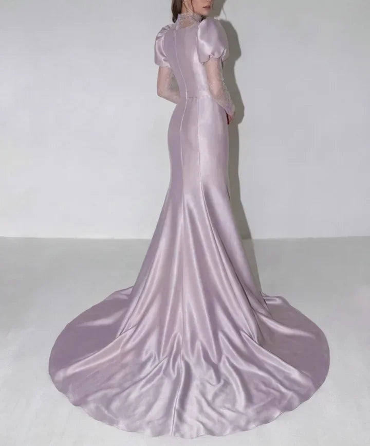 Elegant Square Neck Puff Sleeve Lace Insert Satin Mermaid Maxi Prom Dress with Trailing Train