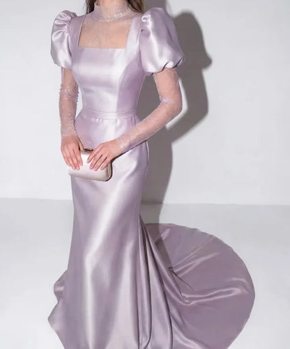 Elegant Square Neck Puff Sleeve Lace Insert Satin Mermaid Maxi Prom Dress with Trailing Train