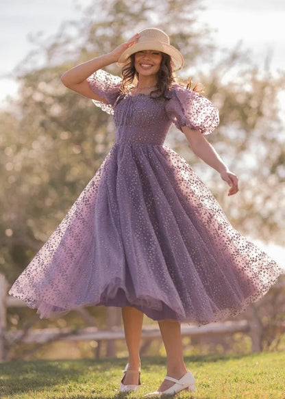 Elegant Square Neck Puff Sleeve Ruched Bodice Star Embroidery Tulle A Line Midi Evening Dress For Formal Evening Prom Wedding Guest Bridesmaid Cocktail Party Gala