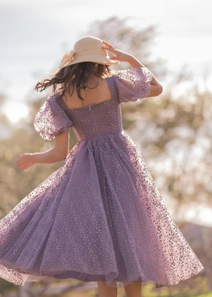 Elegant Square Neck Puff Sleeve Ruched Bodice Star Embroidery Tulle A Line Midi Evening Dress For Formal Evening Prom Wedding Guest Bridesmaid Cocktail Party Gala