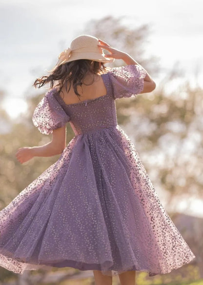 Elegant Square Neck Puff Sleeve Ruched Bodice Star Embroidery Tulle A Line Midi Evening Dress For Formal Evening Prom Wedding Guest Bridesmaid Cocktail Party Gala