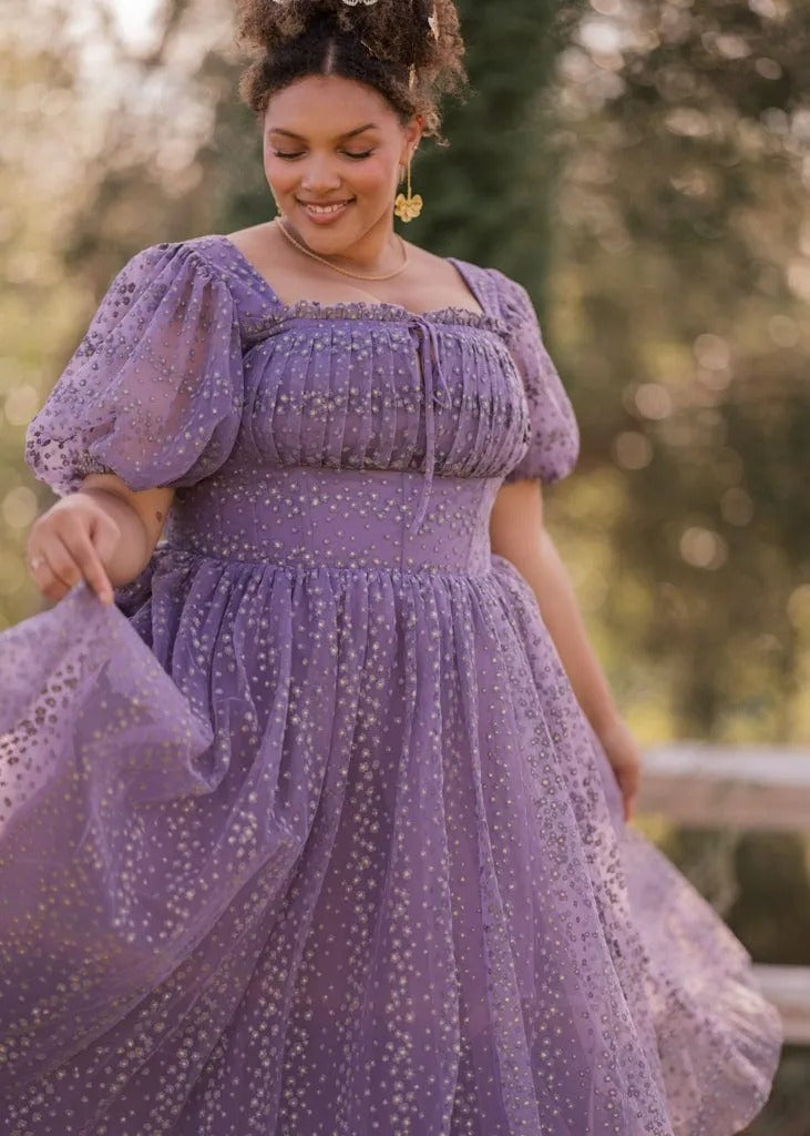 Elegant Square Neck Puff Sleeve Ruched Bodice Star Embroidery Tulle A Line Midi Evening Dress For Formal Evening Prom Wedding Guest Bridesmaid Cocktail Party Gala