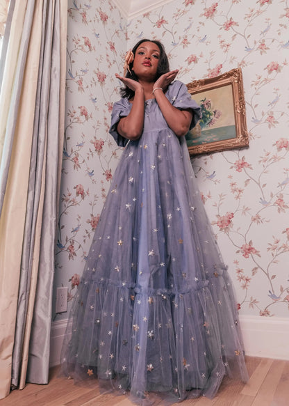 Elegant Square Neck Puff Sleeve Star Embroidery Tulle A Line Tiered Maxi Evening Dress For Formal Evening Prom Wedding Guest Bridesmaid Cocktail Party Gala