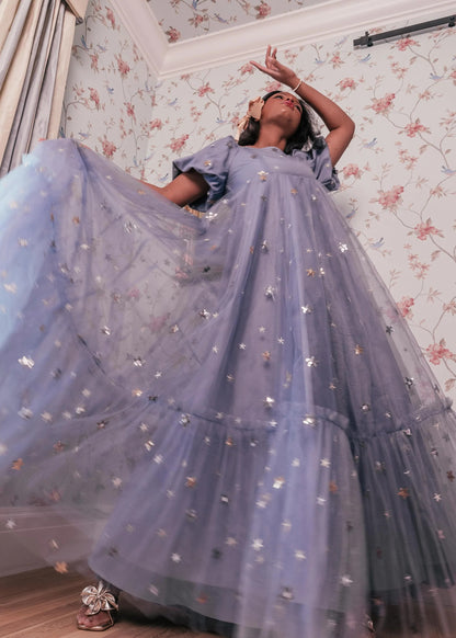Elegant Square Neck Puff Sleeve Star Embroidery Tulle A Line Tiered Maxi Evening Dress For Formal Evening Prom Wedding Guest Bridesmaid Cocktail Party Gala