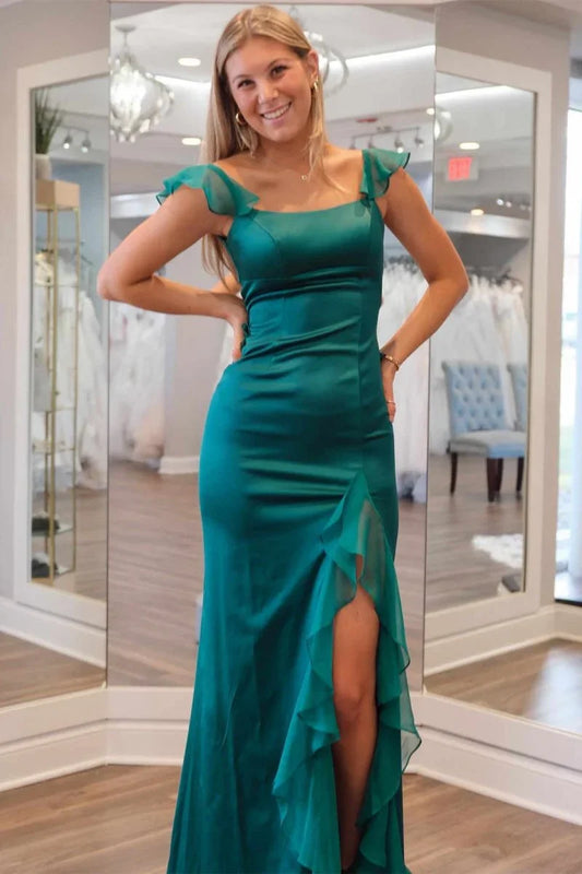 Elegant Square Neck Ruffle Sleeve Open Back Lace Up Tiered Ruffle High Slit Satin Mermaid Maxi Prom Dress For Formal Evening Gala Wedding Guest