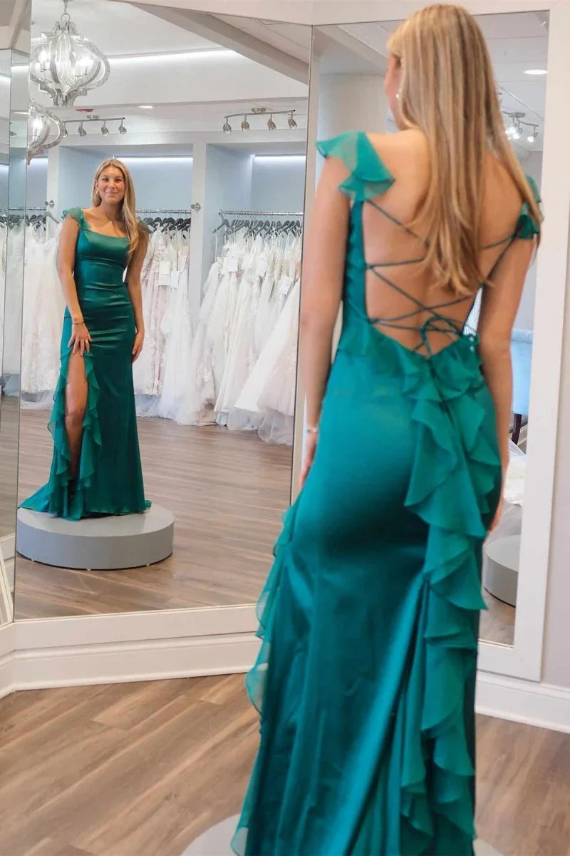 Elegant Square Neck Ruffle Sleeve Open Back Lace Up Tiered Ruffle High Slit Satin Mermaid Maxi Prom Dress For Formal Evening Gala Wedding Guest