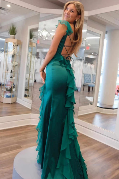 Elegant Square Neck Ruffle Sleeve Open Back Lace Up Tiered Ruffle High Slit Satin Mermaid Maxi Prom Dress For Formal Evening Gala Wedding Guest