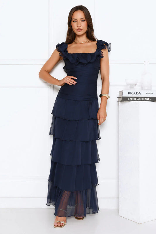 Elegant Square Neck Ruffle Sleeve Open Back Tiered Ruffle Chiffon Maxi Evening Dress For Formal Evening Prom Wedding Guest Bridesmaid Cocktail Party Gala