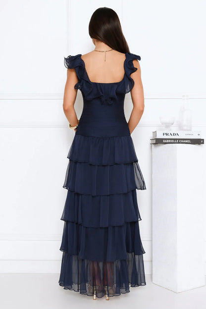 Elegant Square Neck Ruffle Sleeve Open Back Tiered Ruffle Chiffon Maxi Evening Dress For Formal Evening Prom Wedding Guest Bridesmaid Cocktail Party Gala
