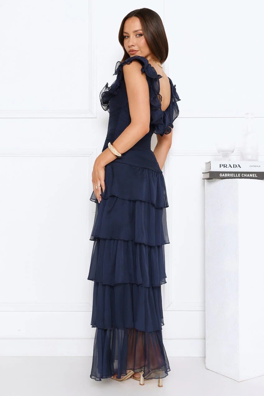 Elegant Square Neck Ruffle Sleeve Open Back Tiered Ruffle Chiffon Maxi Evening Dress For Formal Evening Prom Wedding Guest Bridesmaid Cocktail Party Gala