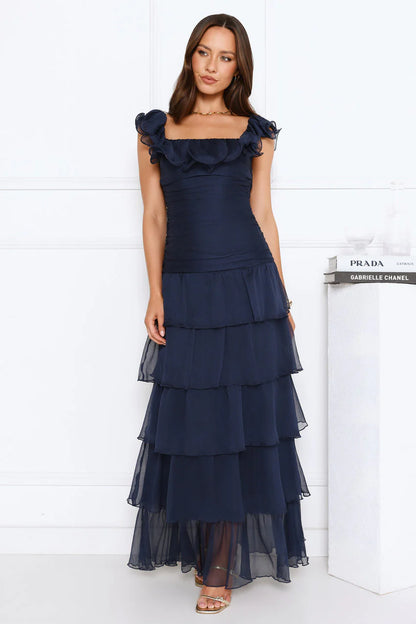 Elegant Square Neck Ruffle Sleeve Open Back Tiered Ruffle Chiffon Maxi Evening Dress For Formal Evening Prom Wedding Guest Bridesmaid Cocktail Party Gala