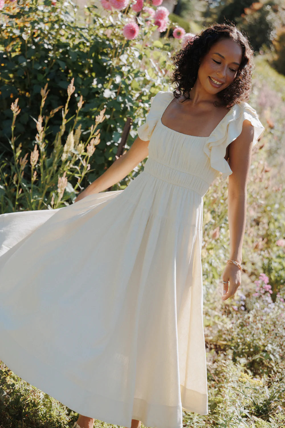 Elegant Square Neck Ruffle Sleeve Smocked Waist Tiered Midi Prom Dress For Formal Evening Wedding Guest Bridesmaid Cocktail Party