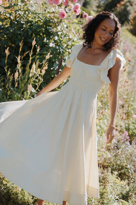 Elegant Square Neck Ruffle Sleeve Smocked Waist Tiered Midi Prom Dress For Formal Evening Wedding Guest Bridesmaid Cocktail Party