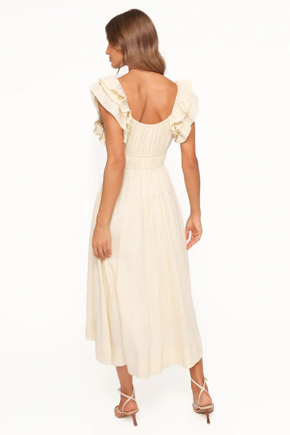 Elegant Square Neck Ruffle Sleeve Smocked Waist Tiered Midi Prom Dress For Formal Evening Wedding Guest Bridesmaid Cocktail Party