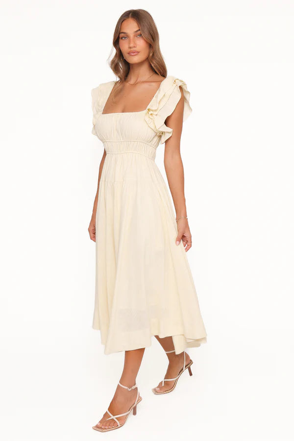 Elegant Square Neck Ruffle Sleeve Smocked Waist Tiered Midi Prom Dress For Formal Evening Wedding Guest Bridesmaid Cocktail Party