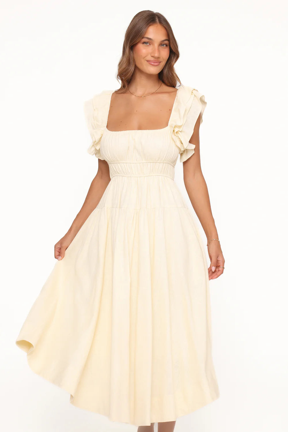 Elegant Square Neck Ruffle Sleeve Smocked Waist Tiered Midi Prom Dress For Formal Evening Wedding Guest Bridesmaid Cocktail Party